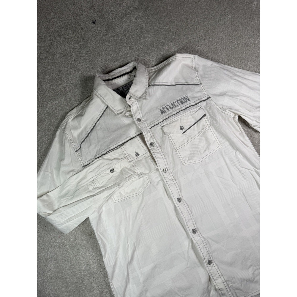 Men's Affliction Black Premium Embroidered White Grunge Button Up Shirt. Size XL
